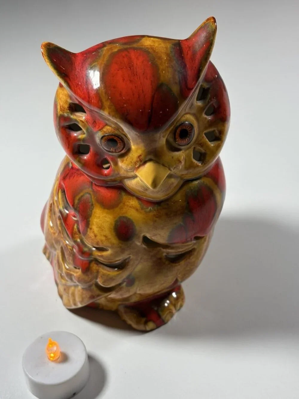 Vintage Ceramic Owl Tea Light Holder Handcrafted Red Brown Glazed Luminary 7" - Picture 4 of 10